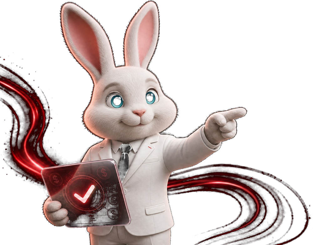 Mascota oficial MARLOW — conejo en traje señalando